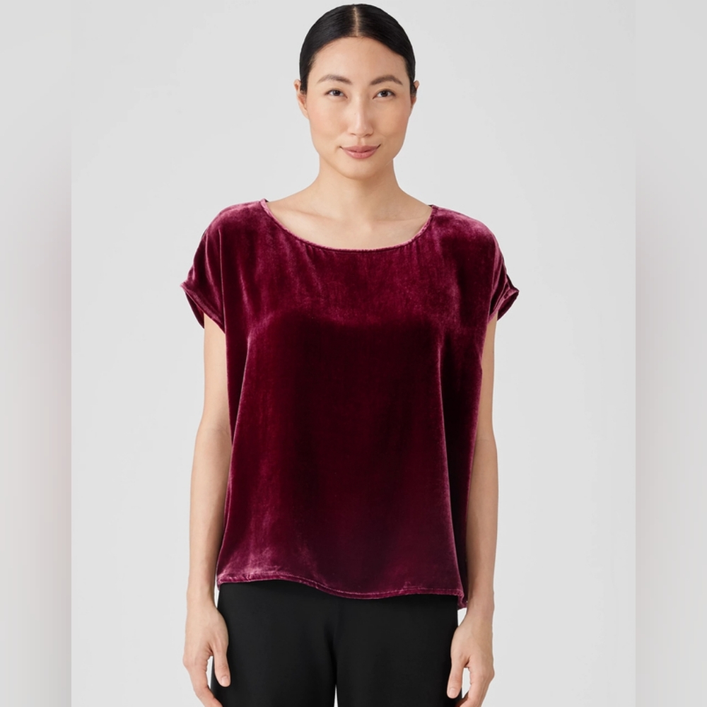 NWT Eileen Fisher Velvet Ballet Neck Top, Medium, in Dark Cranberry